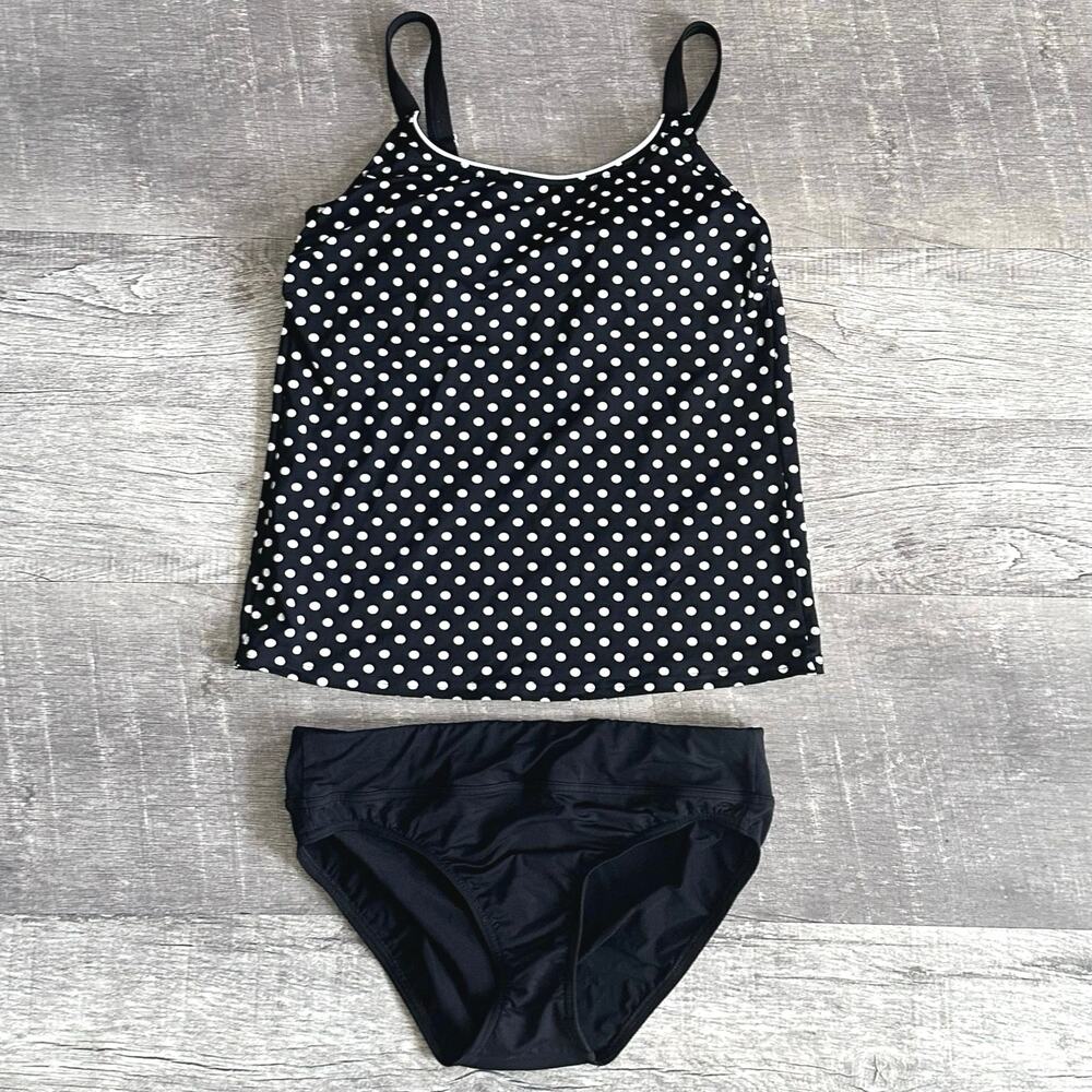 Lands End Tankini Swimsuit Size 10 Polka Dot Padded Tank Black Cheeky Bottoms